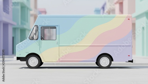 Pastel wave pattern food truck on a city street
