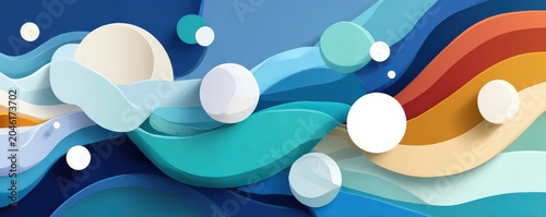Abstract colorful layered waves and spheres with white rectangular banner on vector background