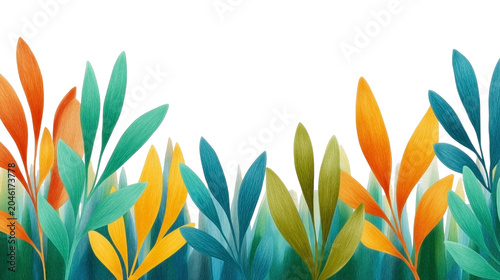 Abstract colorful leaves border background, hand drawn pencil sketch illustration with vibrant botanical frame elements