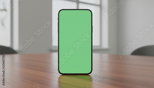 Smartphone mockup with green screen on wooden desk