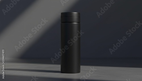 Sleek matte black reusable water bottle in dramatic light