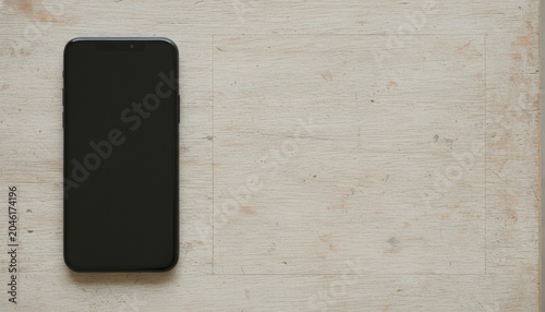 Smartphone with blank screen on rustic wooden surface