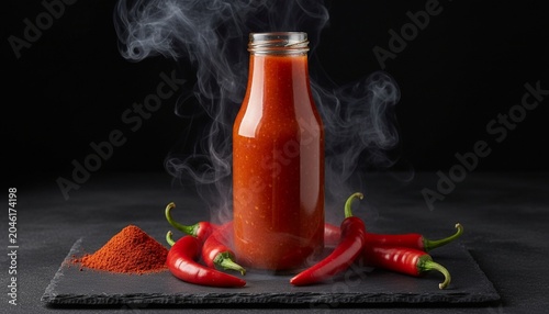 Spicy red hot sauce bottle with steam and chili peppers