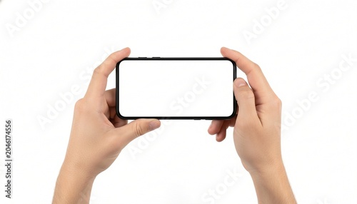 Two hands holding smartphone horizontally with white screen