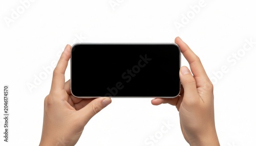 Two hands holding smartphone horizontally with black screen