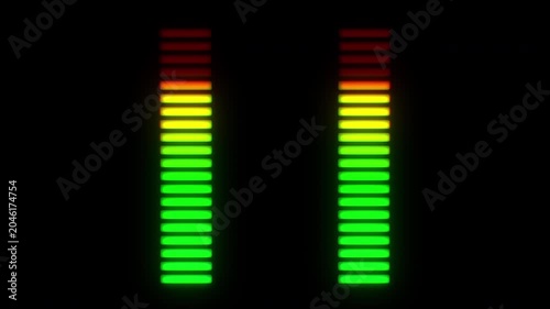 Dynamic Green vertical audio spectrum equalizer bars. Pulsing music visualization on black background. Digital frequency equalizer sound signal visualization. Frequency level indicator