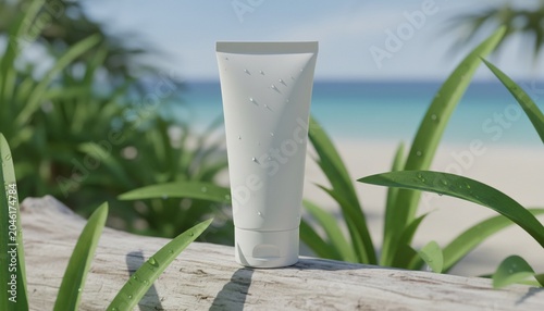 White cosmetic tube mockup on a tropical beach log