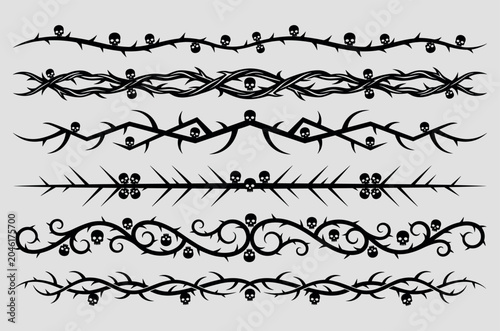 Gothic thorns border set with skulls for dark decorative design and metal aesthetic art.
