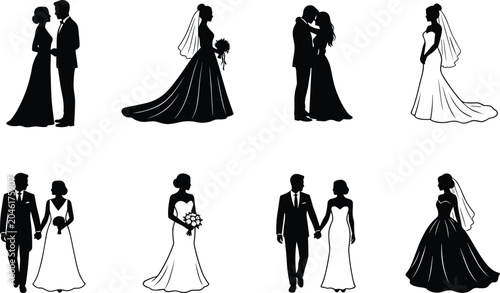 Bild auf Leinwand Elegant Wedding Couple Silhouette Collection Featuring Bride Groom Poses Romanti