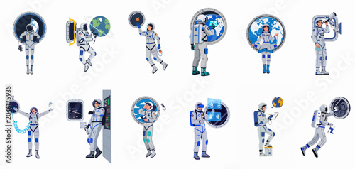 Foto Set of astronaut character illustrations performing various activities in a space station, featuring earth views and scientific research tasks