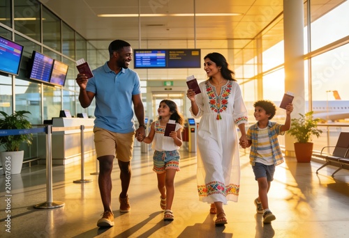 Family of four, including parents and two children, walking through airport terminal holding passports, with check-in counters and flight information screens in the background