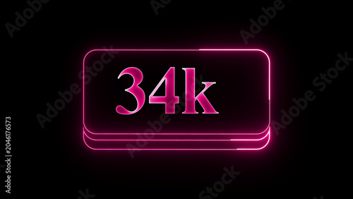 34k downloads counter in neon pink glowing frame on black background, social media metric and popularity