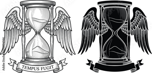 Konstfotografi Winged Hourglass with Tempus Fugit Banner in Black and White Engraving Style for