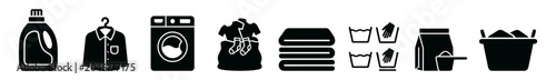 Laundry icons collection including detergent bottle, dress shirt, washing machine, laundry bag, folded towels, hand wash symbols, detergent powder