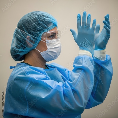 Medical professional wearing blue ppe gear and putting on gloves