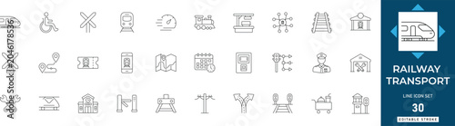 Bild auf Leinwand Railway transport line icon set featuring train, travel, subway, metro, logistics, transit, ticket