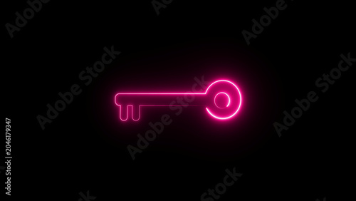 Pink neon glow key icon on black background abstract concept