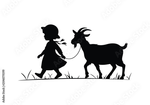 Cute girl giving flower garland to goat, black and white