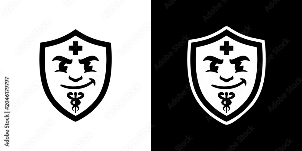 Fototapeta premium Black and white shield logo with a medical cross and caduceus symbol
