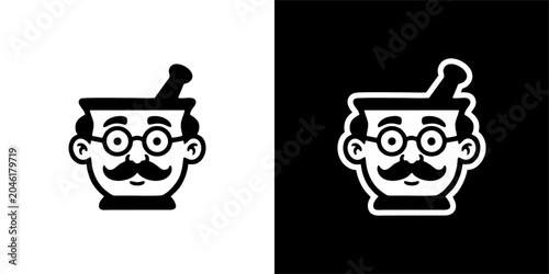 Vector illustration of a cartoon pharmacist or chemist with a mortar and pestle
