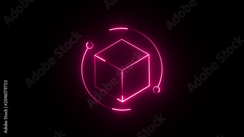 Pink neon outline of 3D cube in abstract circular frame on black background