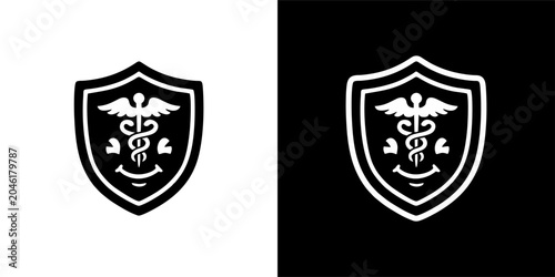 Medical shield logo with caduceus symbol on white and black background
