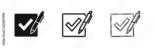 Foto Pen and checkmark icon set for tasks and voting in solid, outline, and hand-draw