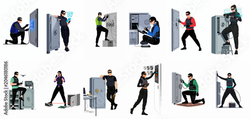 Quadro su tela A comprehensive set of illustrations depicting male and female high-tech burglars and hackers professionally cracking various bank safes and advanced security systems
