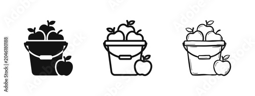 Photos Bucket of apples icons set in glyph, line art, and sketchy styles for harvesting
