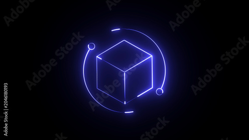 Blue neon isometric cube with rotating orbital rings and particles