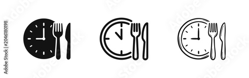 Εκτύπωση καμβά Meal time clock with cutlery icons set in solid, outline, and sketch styles for