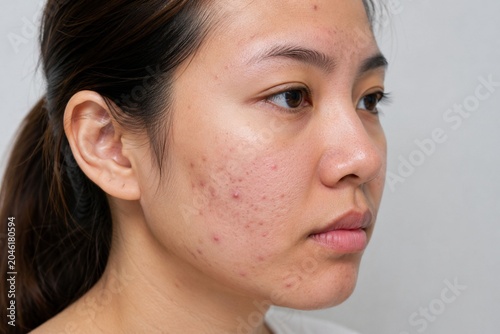 Close-up of Asian woman face with acne, pimples, and post-inflammatory hyperpigmentation on cheek.