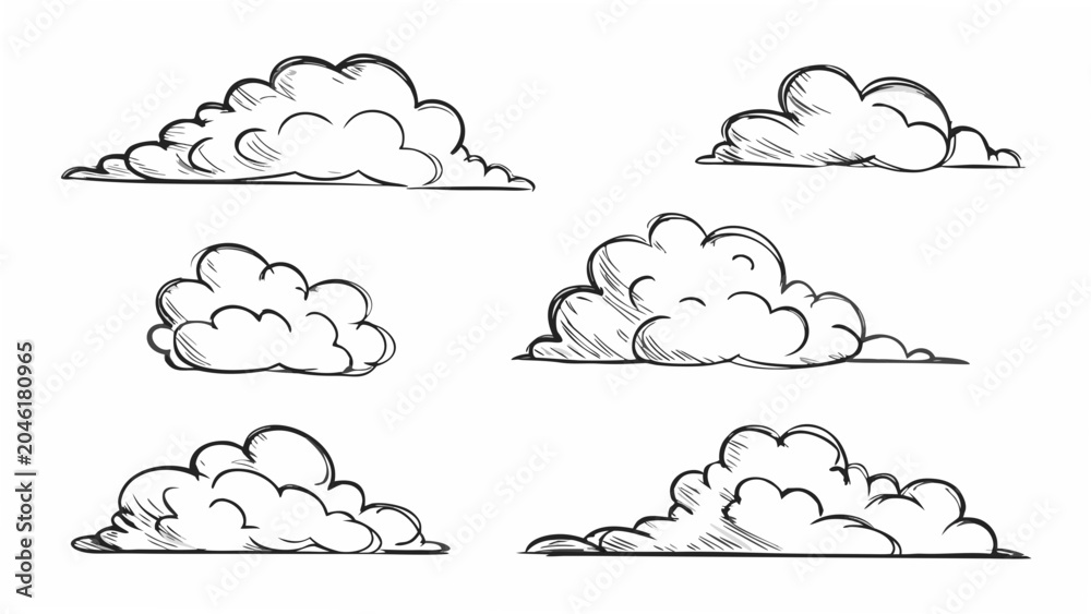 Fototapeta premium Cloud formations sketched in black ink a set of six vector illustrations on a white background atmospheric black and white