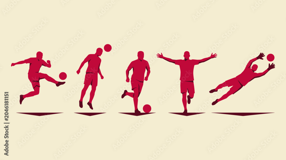 Obraz premium Pixel art silhouettes of soccer players in various poses including kicking, heading, running, celebrating, and diving for a save, on a light background