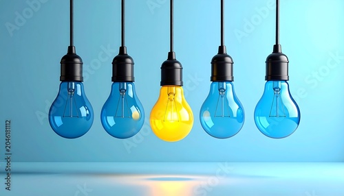 Hanging Light Bulbs with One Bright Yellow Bulb Representing Innovation