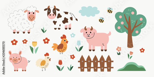 Foto Cartoon Farm Animals And Floral Elements Colorful Vector Illustration