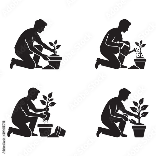 Gardening and Plant Care Silhouette Icon Set – Human Planting Watering and Growing Plants Vector Collection