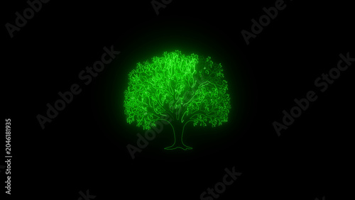 Luminous green neon outline of growing tree on dark backdrop