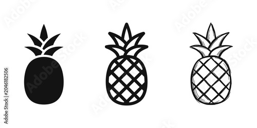 Schilderij op canvas Tropical pineapple fruit icons set in solid, outline, and hand-drawn styles for