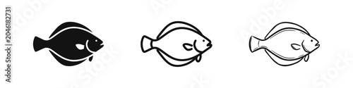 Фотография Flounder Fish Icon Set Flatfish Silhouette and Outline Symbols in Different Grap