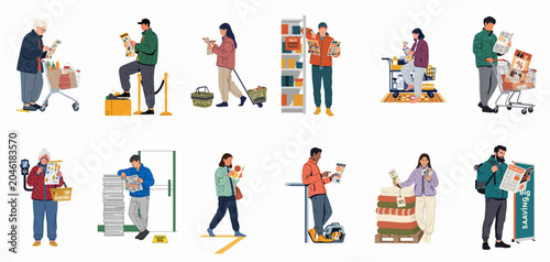 Obraz na plátně Flat vector set of diverse people shopping in a grocery store, using coupons, reading sales flyers, and looking for discounts and deals