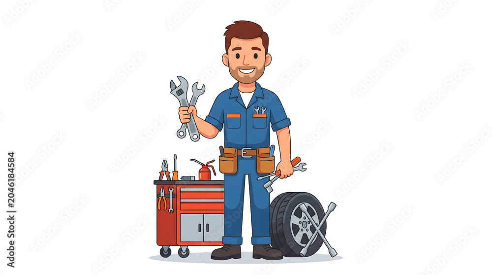 Fototapeta premium Mechanic Holding Tools and Wheel