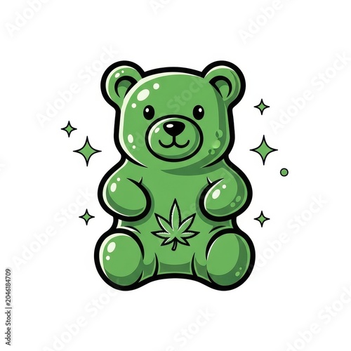 Green gummy bear with marijuana leaf and sparkles