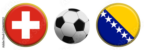 Fotografía Glossy round badges with Switzerland and Bosnia and Herzegovina flags beside a classic soccer ball,football match concept