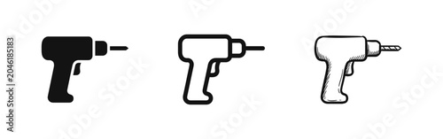 Valokuva Power Drill Icon Set featuring Solid, Line, and Hand-Drawn Sketch Styles for Con