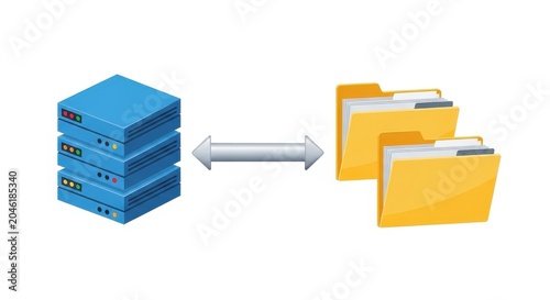 Blue server computer syncing with yellow file folders
