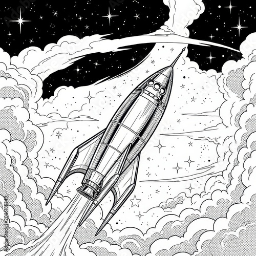 Black and white rocket ship blasting off into starry night sky