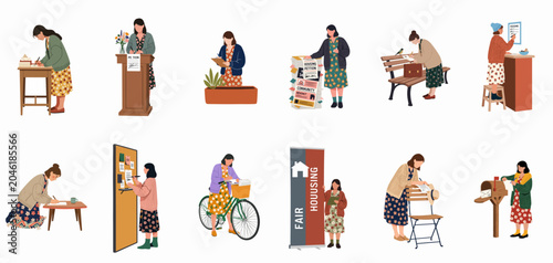 Cuadro en lienzo Flat vector illustration set of a woman engaged in community advocacy, signing petitions, and promoting fair housing rights in various public settings