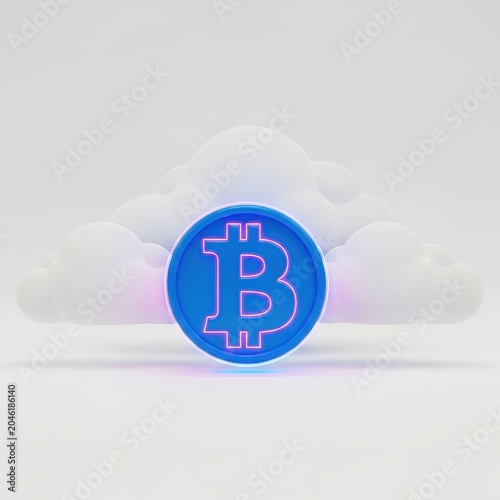 Blue bitcoin icon with purple outline on cloudy background