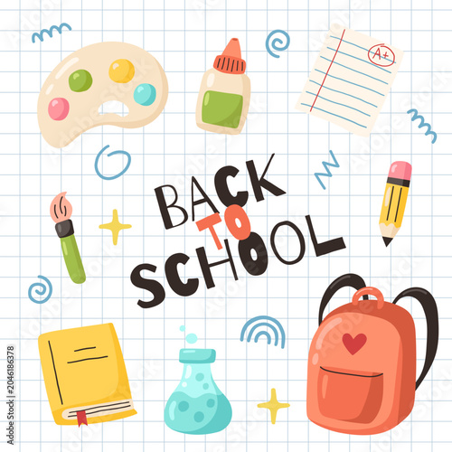 Back to school square poster with school supplies. Vector illustration.